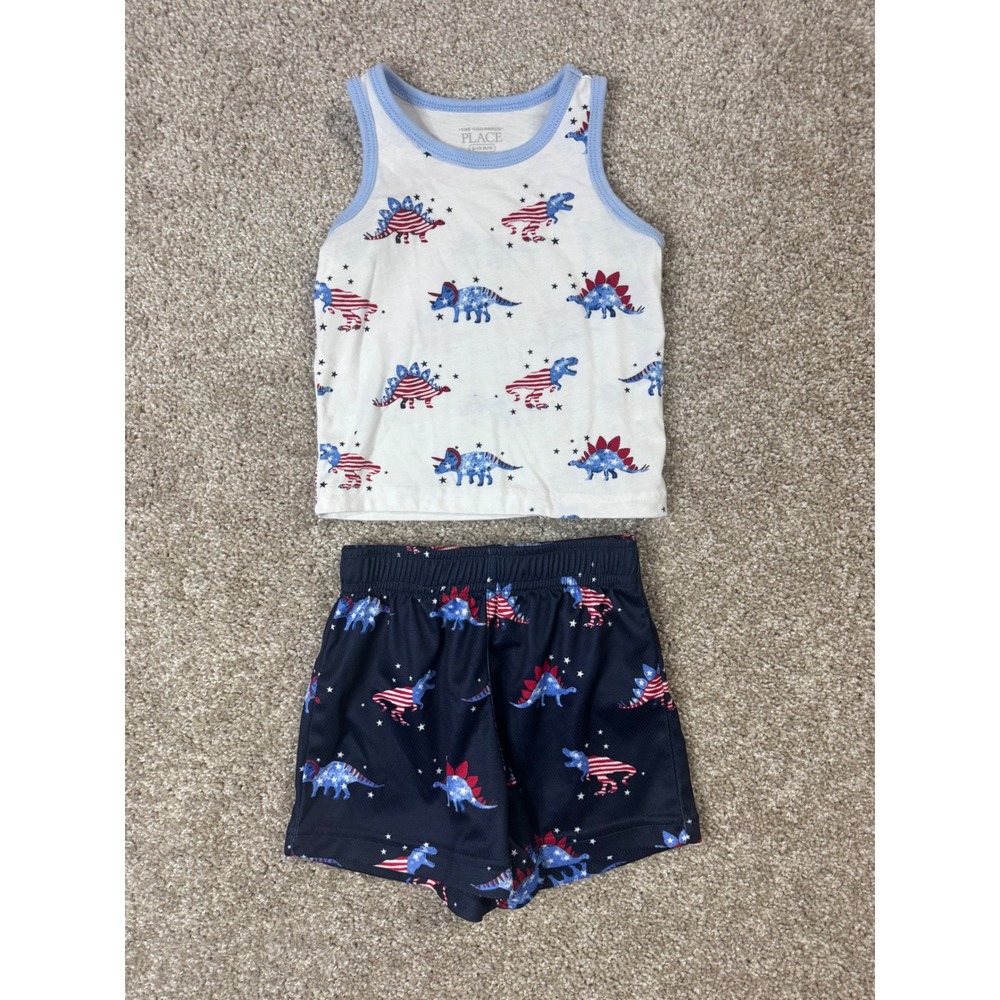 The Childrens Place Baby Boys Patriotic Dinosaur Tank and Mesh Shorts Set 9-12M